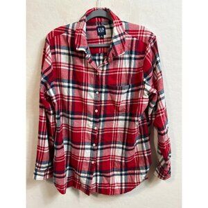 Women Gap Plaid Flannel Red White Blue Plaid Button Up Shirt Sz XL 100% Cotton